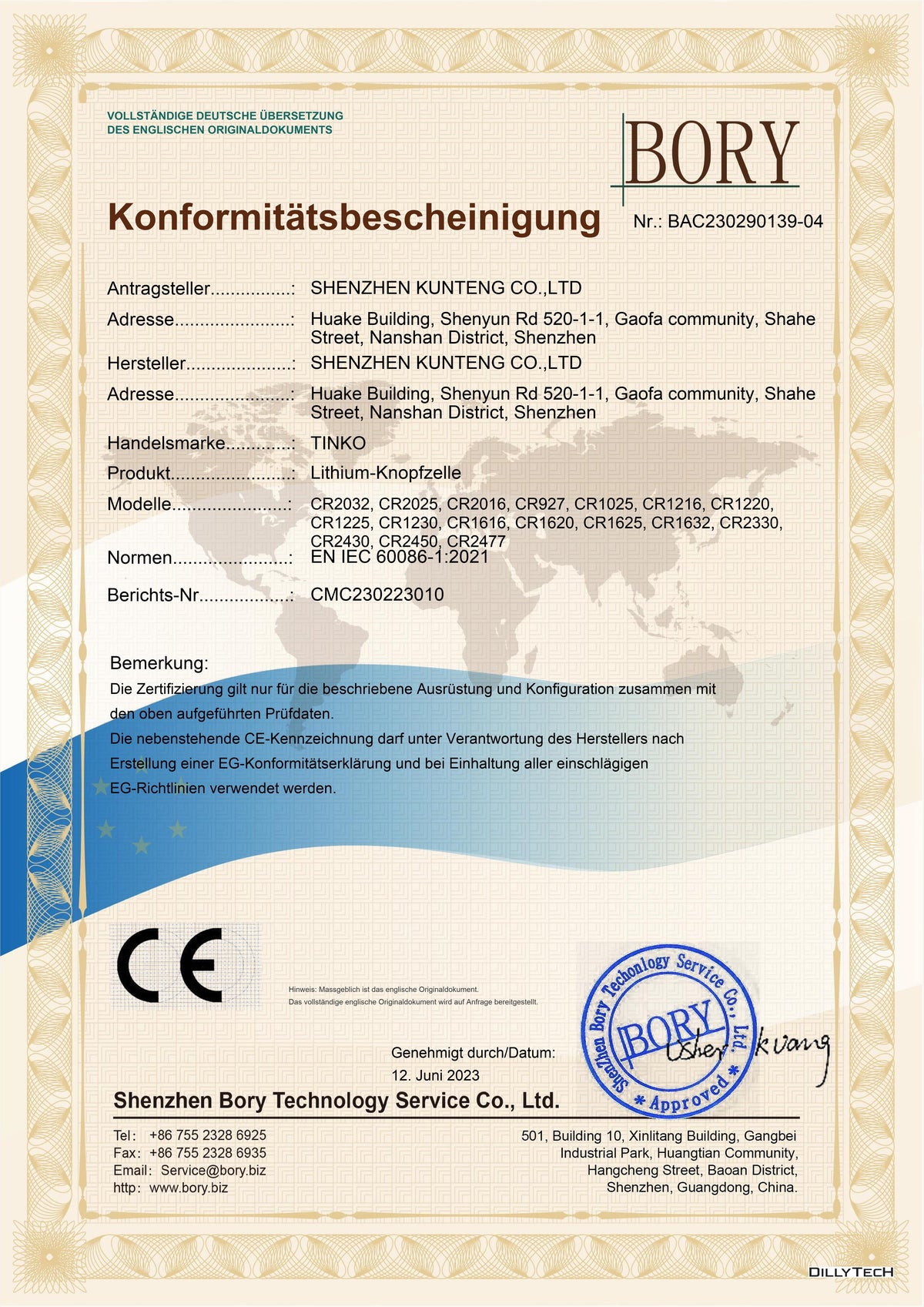 TINKO CR-Lithium-Knopfzellen – deutsche Übersetzung der Konformitätsbescheinigung