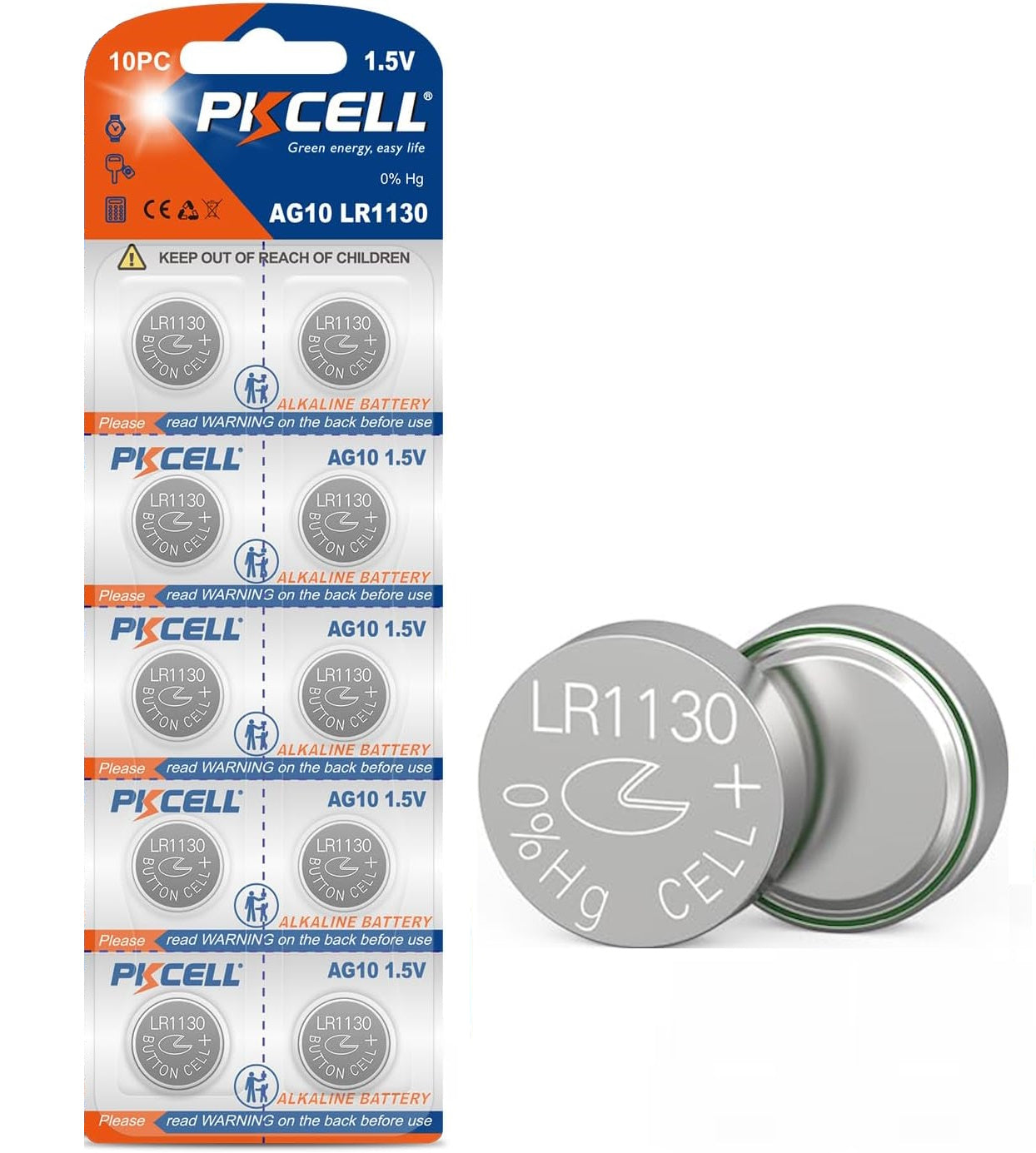 PKCELL AG10/LR54/SR1130SW/389 Alkaline Button Battery Blister - 10 Pcs