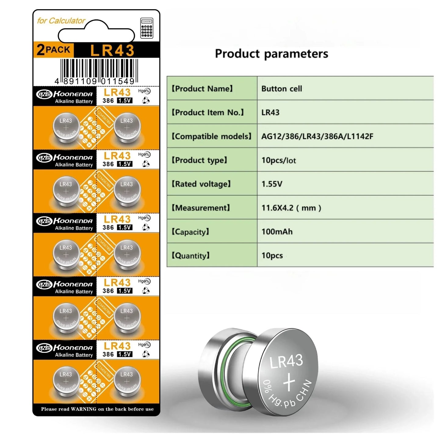 Pile bouton alcaline Koonenda AG12/LR43/SR43/301 - 10 pièces
