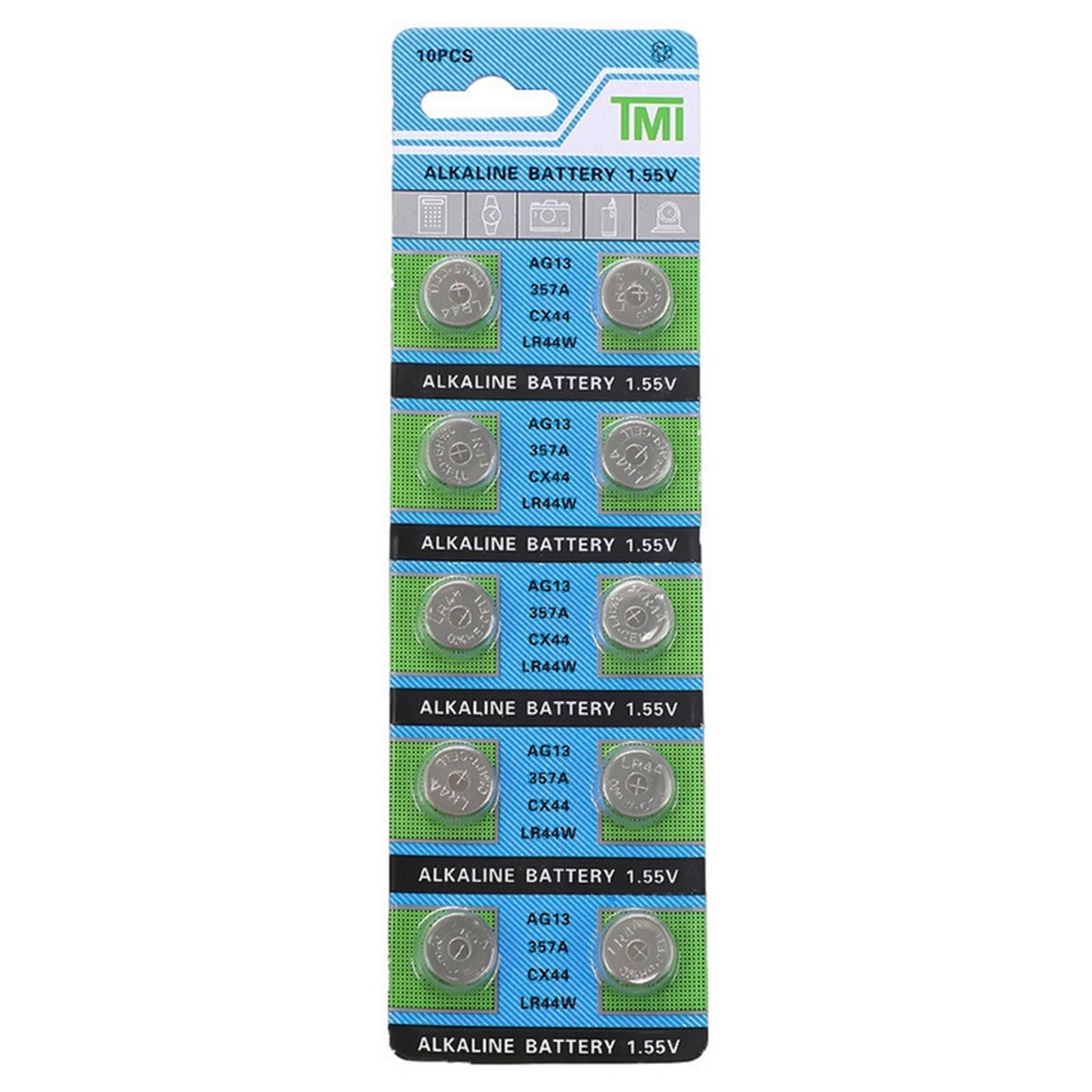 TMI (T&E) AG13/LR44/SR1154PW/357 Alkaline Button Battery Blister - 10 Pcs