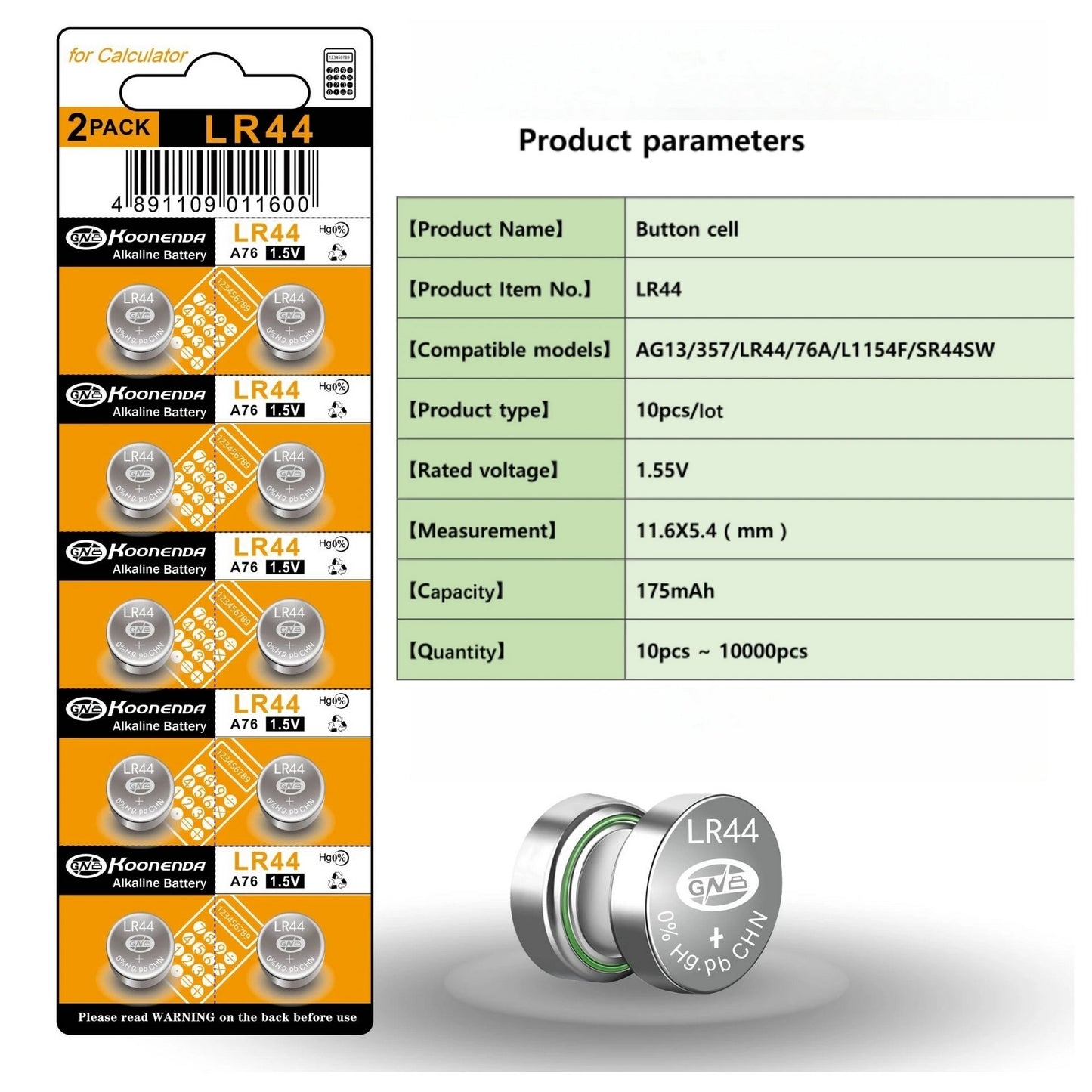 Koonenda AG13/LR44/SR1154/357 Alkaline-Knopfzellen - 10 Stück