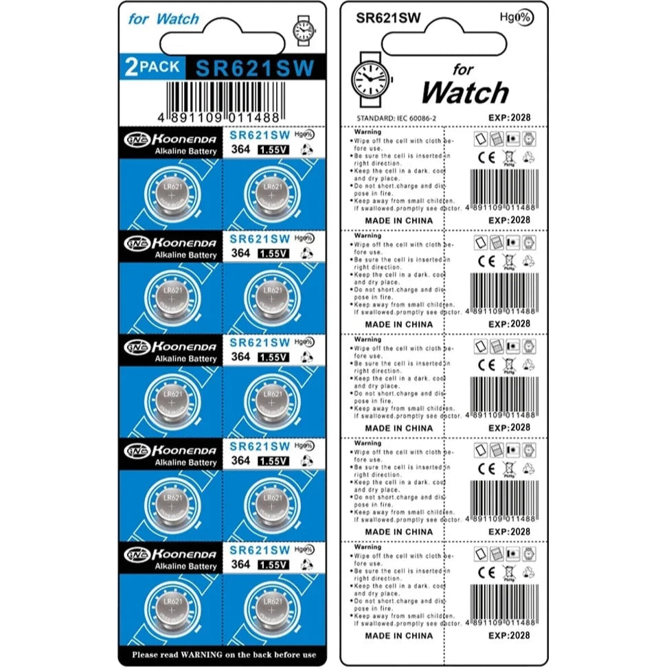 Koonenda AG1/LR60/SR621SW/364 Alkaline Button Battery Blister - 10 Pcs