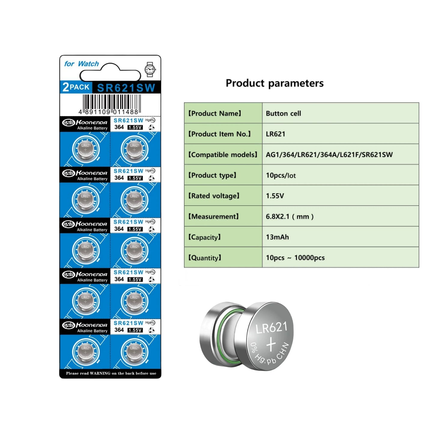 Koonenda AG1/LR60/SR621SW/364 Alkaline Button Battery Blister - 10 Pcs