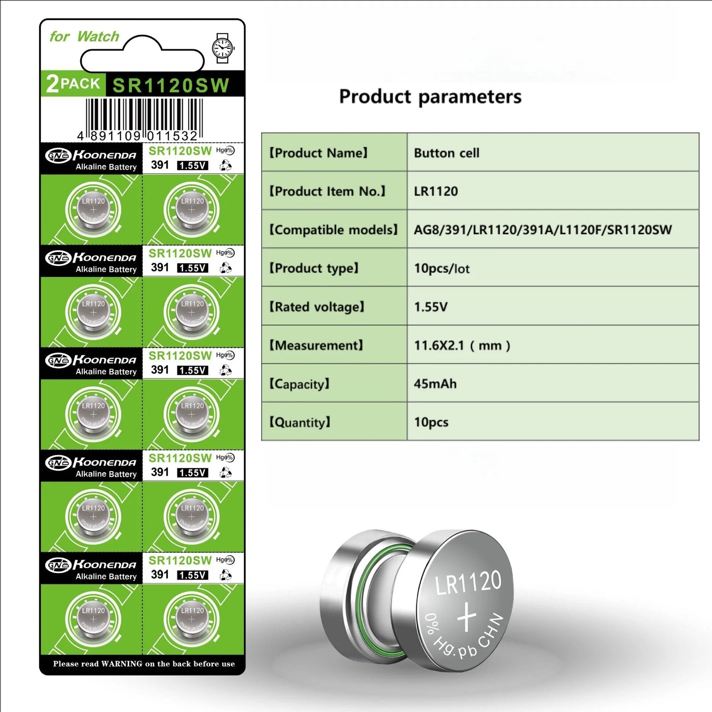 Koonenda AG8/LR55/SR1120SW Alkaline Button Battery Blister - 10 Pcs