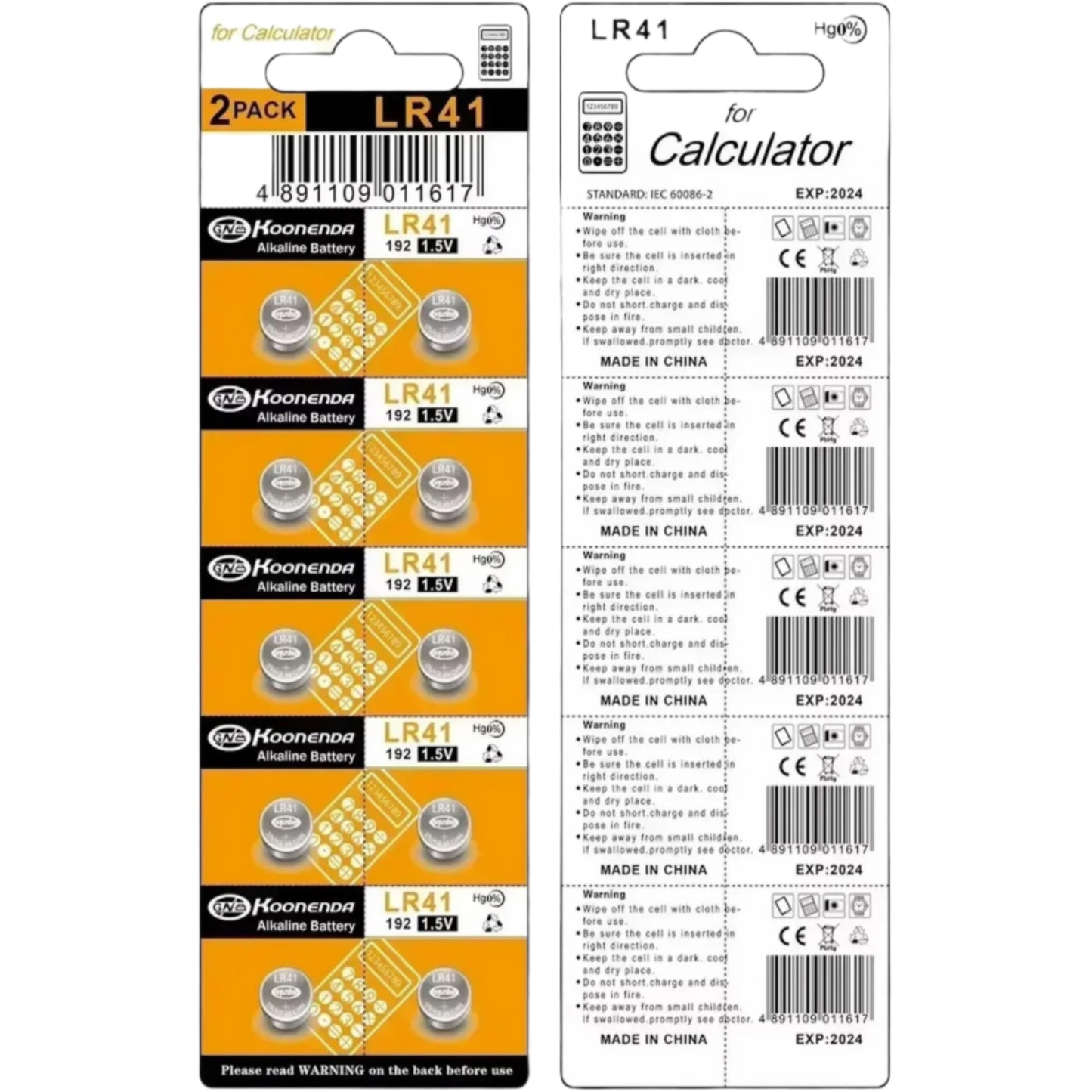 Koonenda AG3/LR41/SR41SW/SR41 Alkaline Button Battery Blister - 10 Pcs