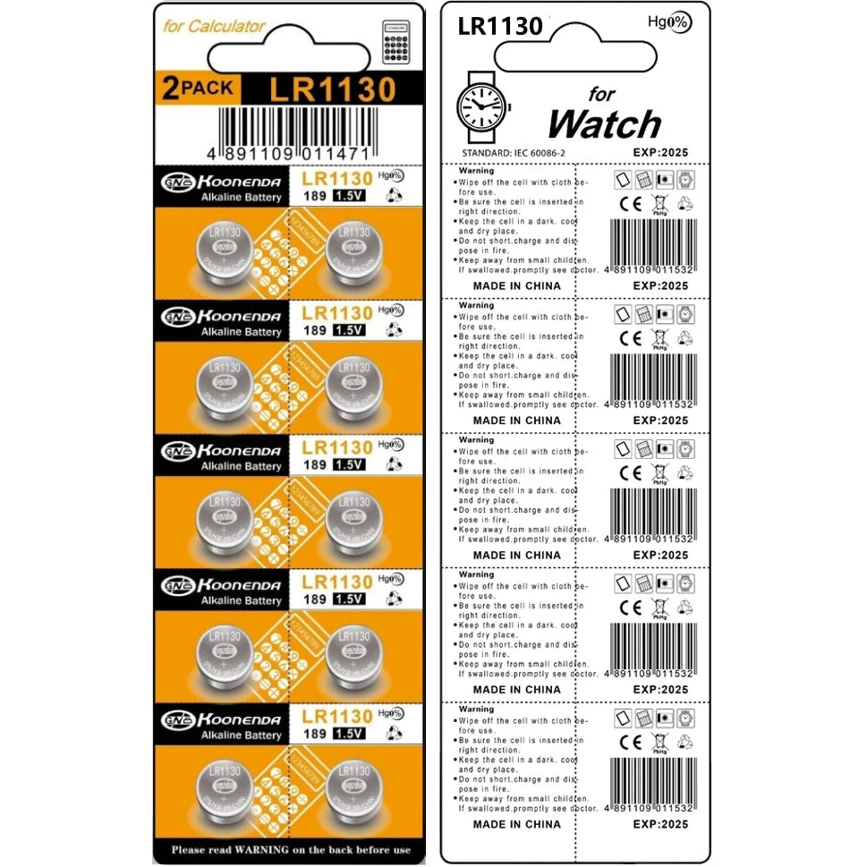 Koonenda AG10/LR54/SR1130W/SR1130SW Alkaline-Knopfzellen - 10 Stück