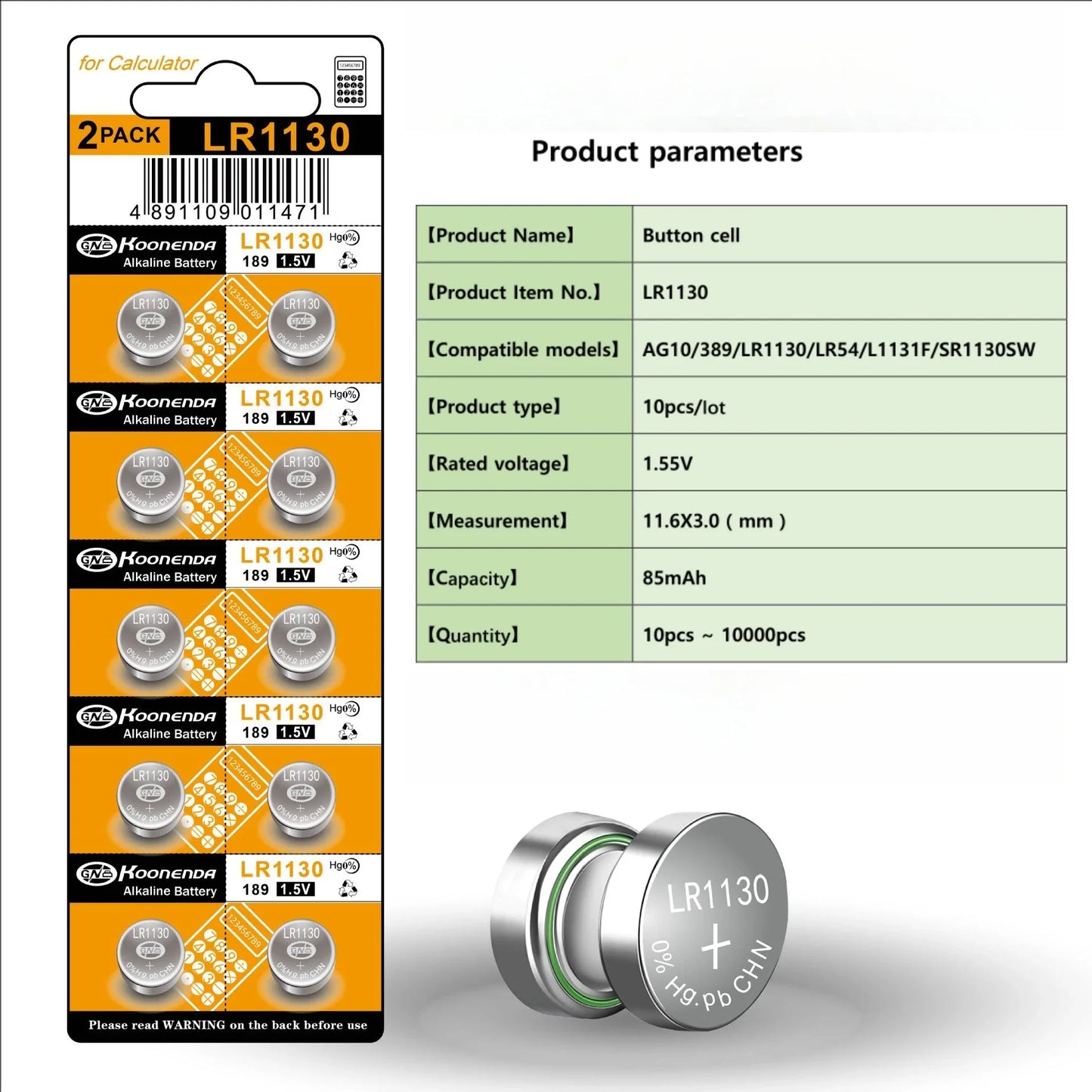Koonenda AG10/LR54/SR1130W/SR1130SW Alkaline-Knopfzellen - 10 Stück