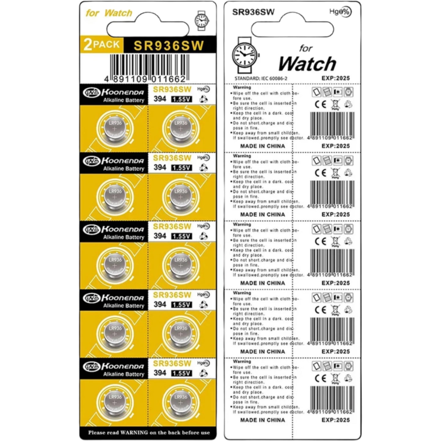 Koonenda AG9/LR45/SR936SW Alkaline Button Battery Blister - 10 Pcs
