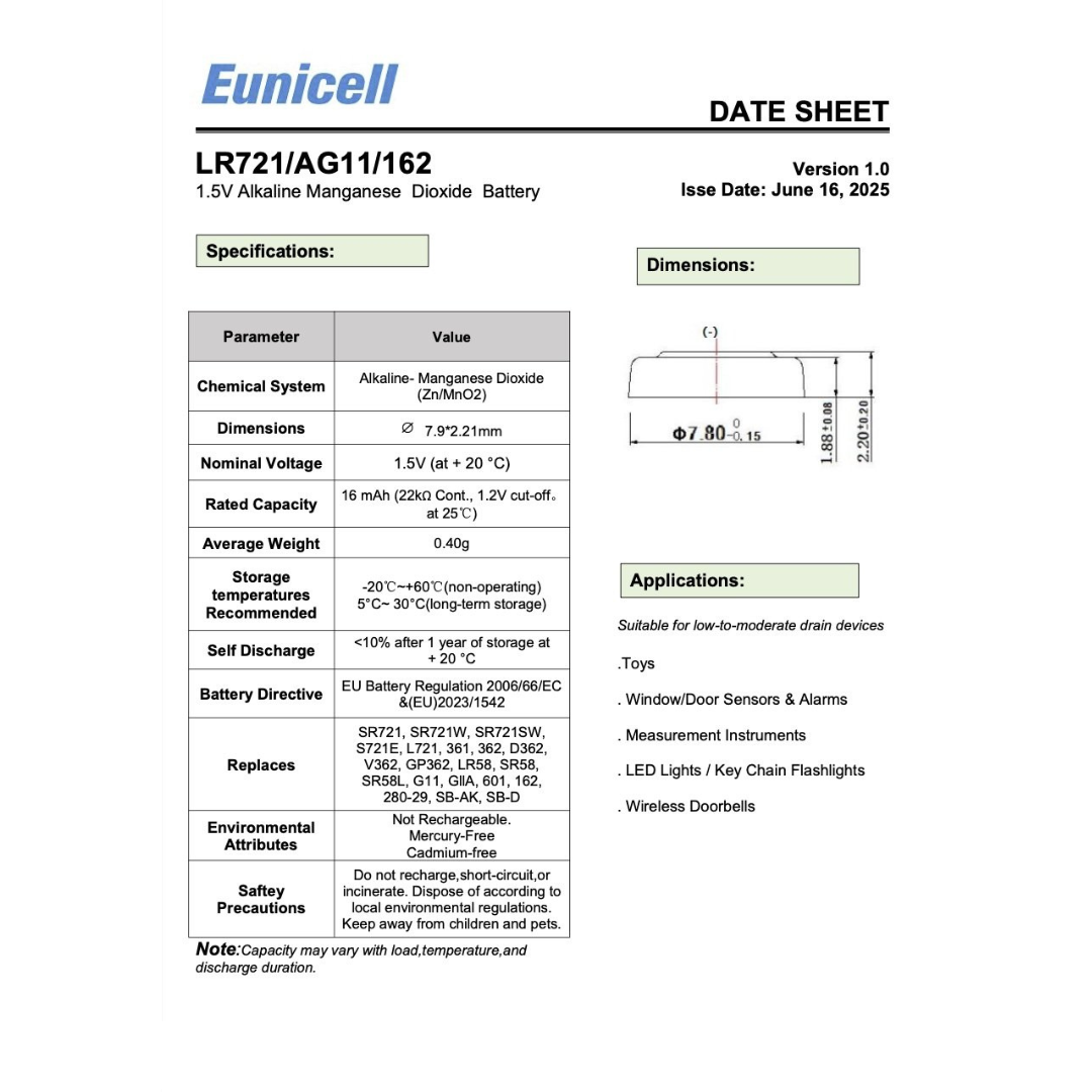 Eunicell AG11/LR721/362 Alkaline Button Battery Blister – 10 Pcs