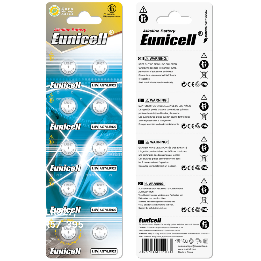 Eunicell AG7/LR927/399 Alkaline Button Battery Blister – 10 Pcs