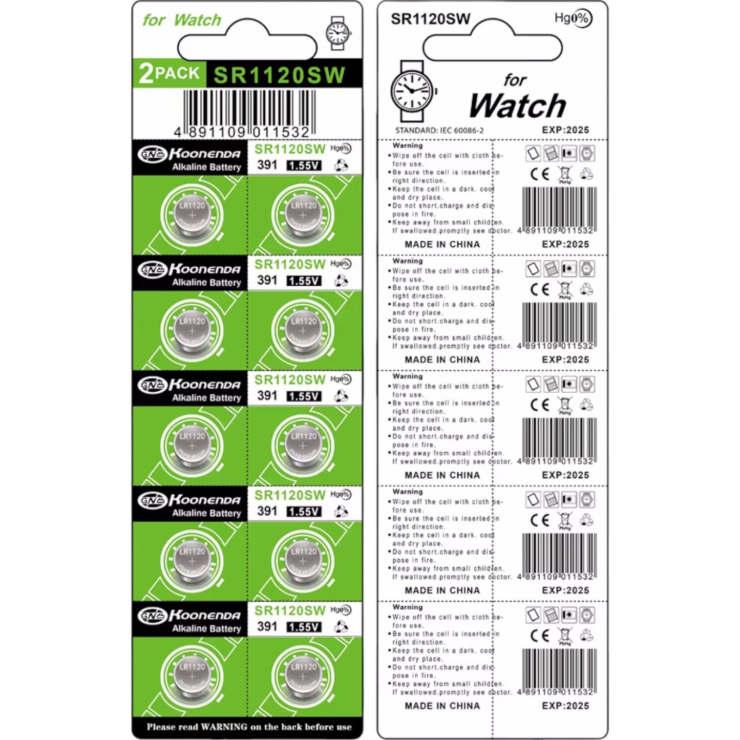 Koonenda AG8/LR55/SR1120SW Alkaline Button Battery Blister - 10 Pcs