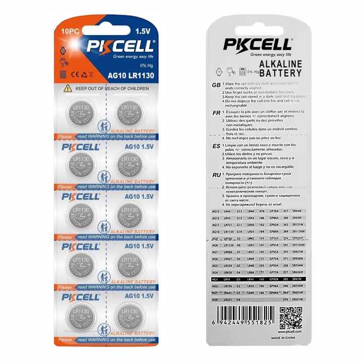 PKCELL AG10/LR54/SR1130SW/389 Alkaline Button Battery Blister - 10 Pcs