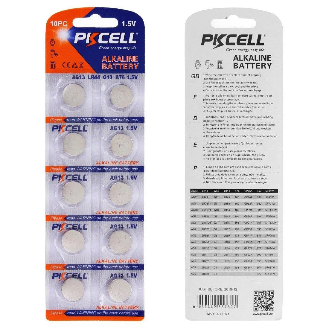 PKCELL AG13/LR44 Alkaline Button Battery Blister - 10 Pcs