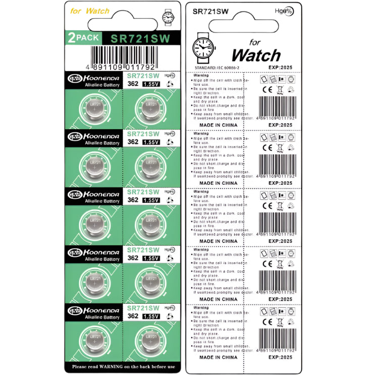 Koonenda AG11/LR721/SR721SW/361 Alkaline Button Battery Blister - 10 Pcs