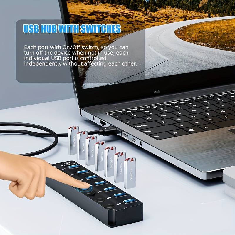 DTech 4/7-Port, 30-100 cm Extension Cable USB 3.0 Hub with Independent Switches