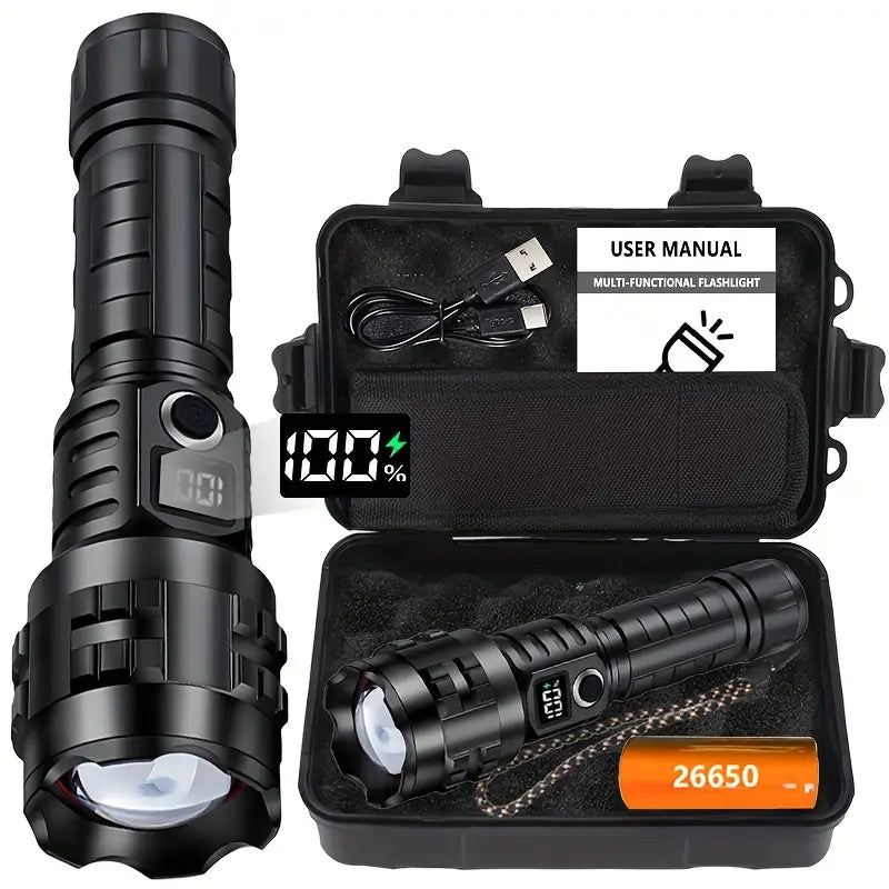 Compact Flashlight – Tactical Beam, 26650 battery Alu finish, premium box and sleeve