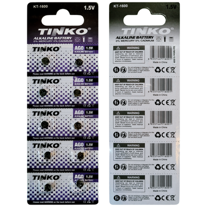 TINKO AG0 Alkaline-Knopfzellen – Originalblister, Vorder- und Rückseite