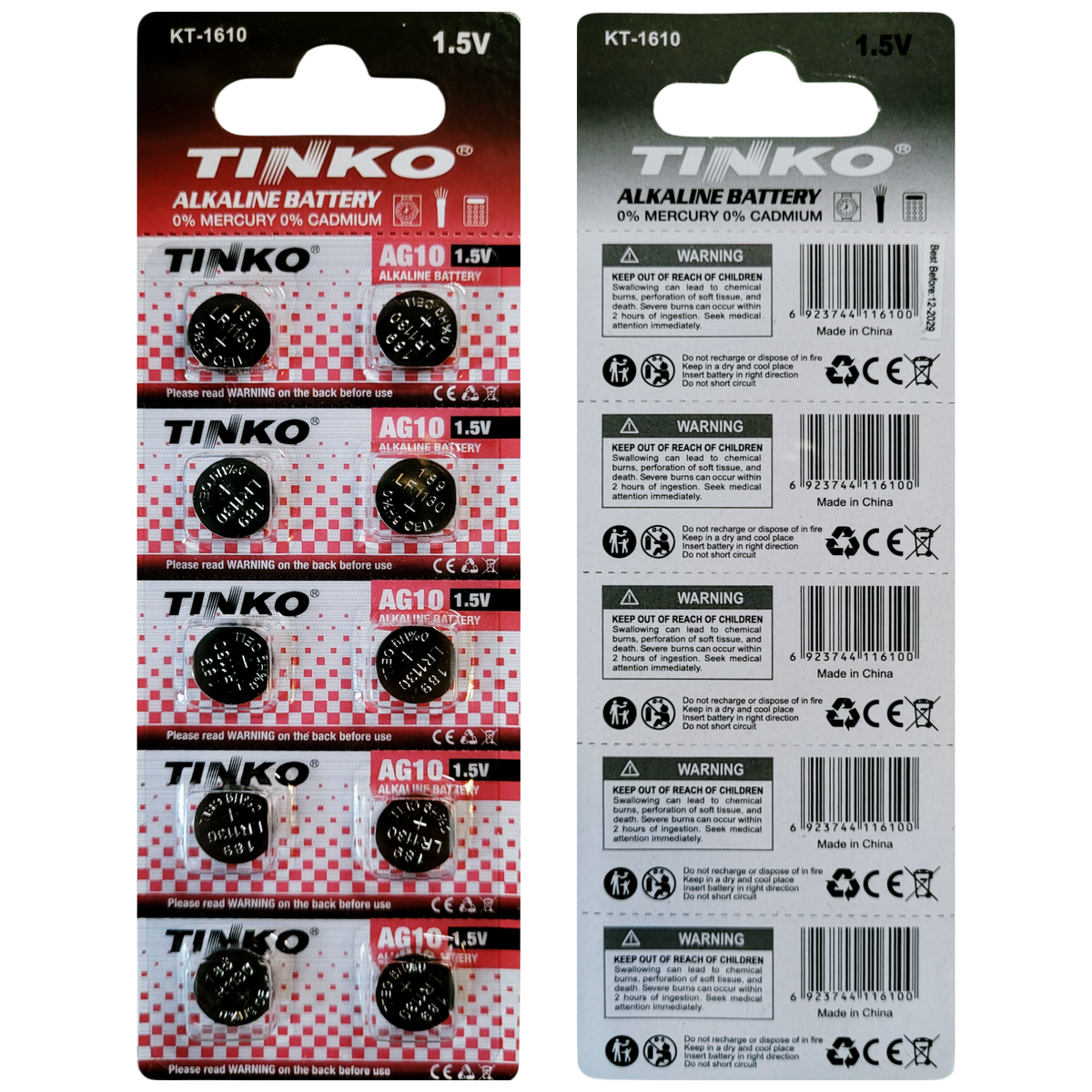 TINKO AG10 Alkaline-Knopfzellen – Originalblister, Vorder- und Rückseite