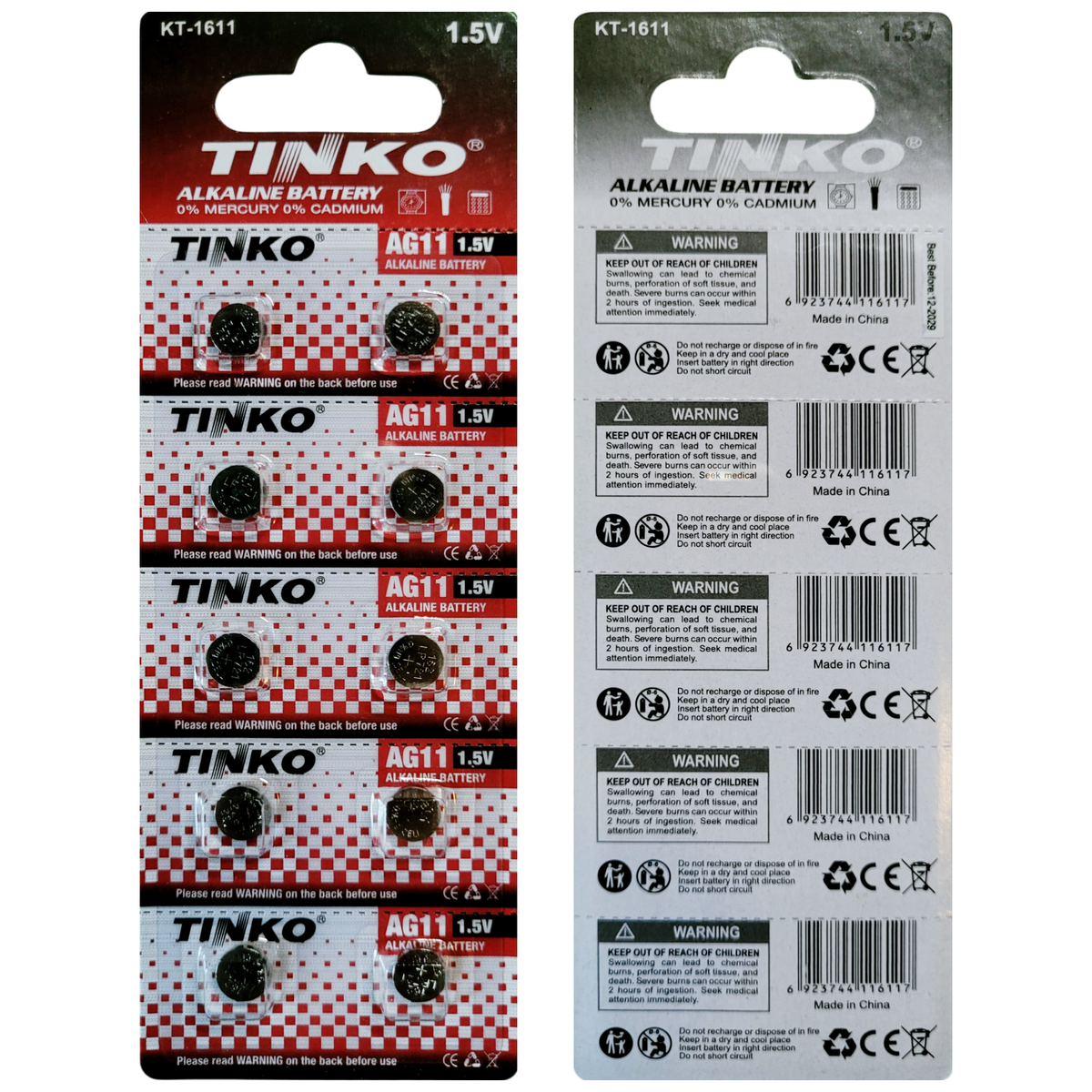 TINKO AG11 Alkaline-Knopfzellen – Originalblister, Vorder- und Rückseite