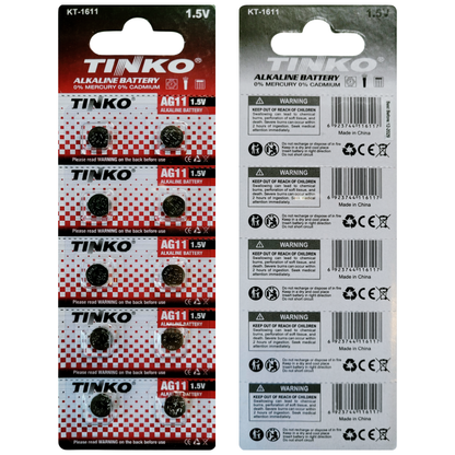 TINKO AG11 Alkaline-Knopfzellen – Originalblister, Vorder- und Rückseite