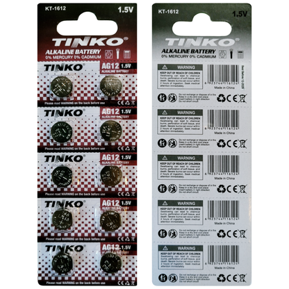 TINKO AG12 Alkaline-Knopfzellen – Originalblister, Vorder- und Rückseite