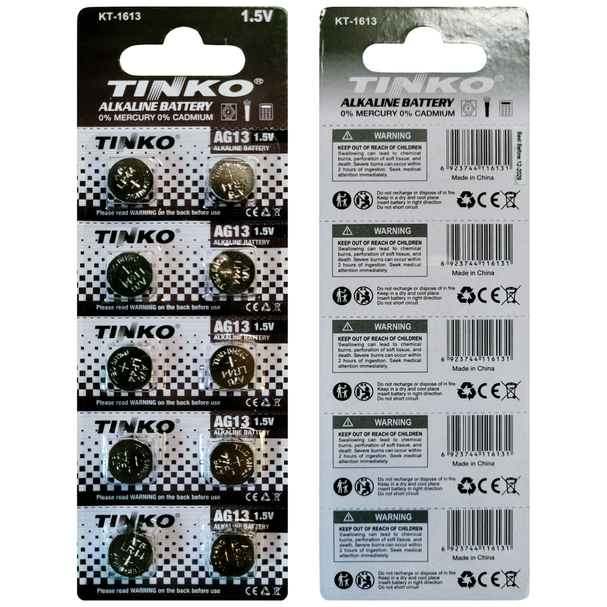 TINKO AG13 Alkaline-Knopfzellen – Originalblister, Vorder- und Rückseite