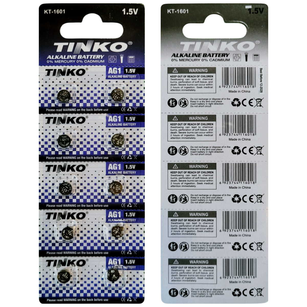TINKO AG1 Alkaline-Knopfzellen – Originalblister, Vorder- und Rückseite