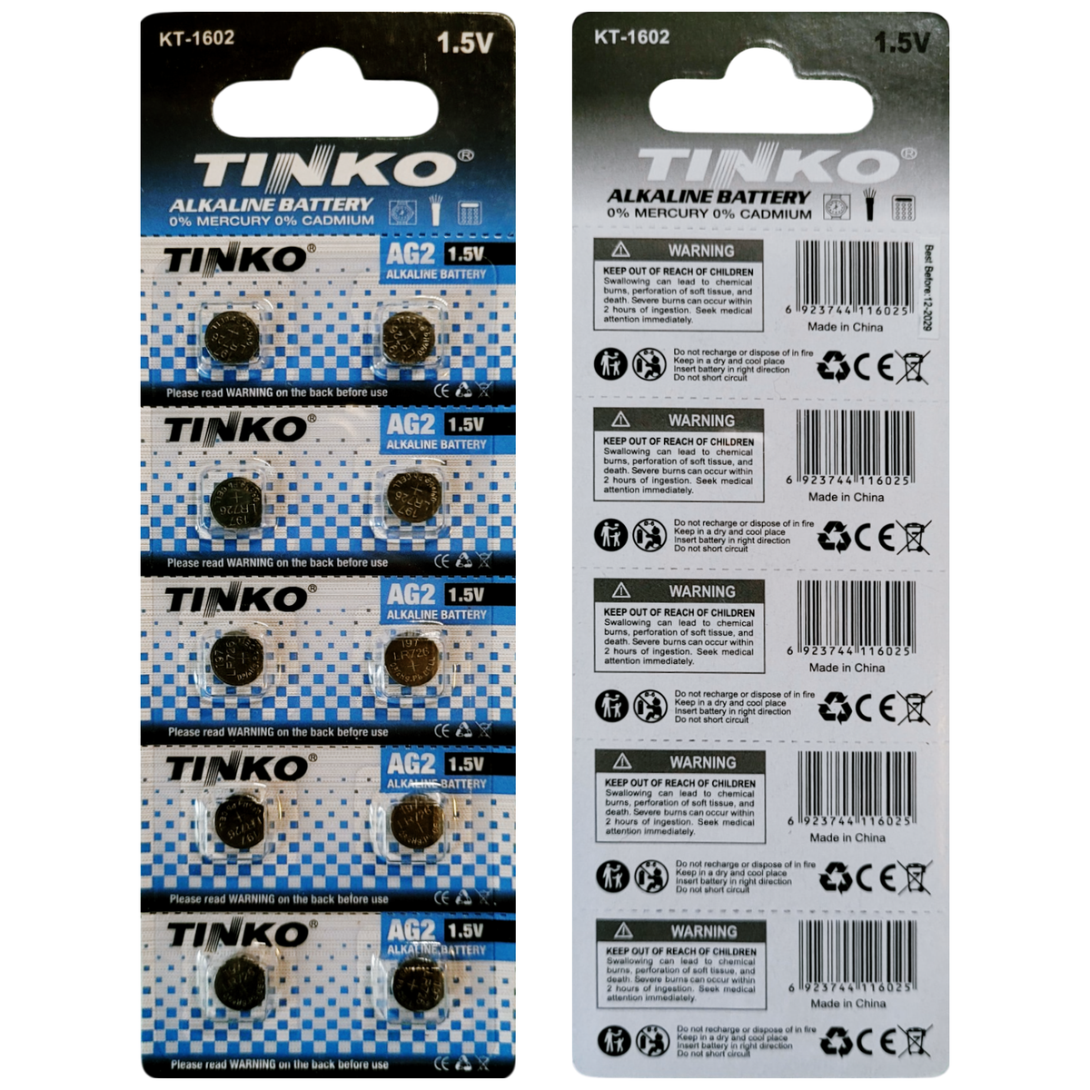 TINKO AG2 Alkaline-Knopfzellen – Originalblister, Vorder- und Rückseite