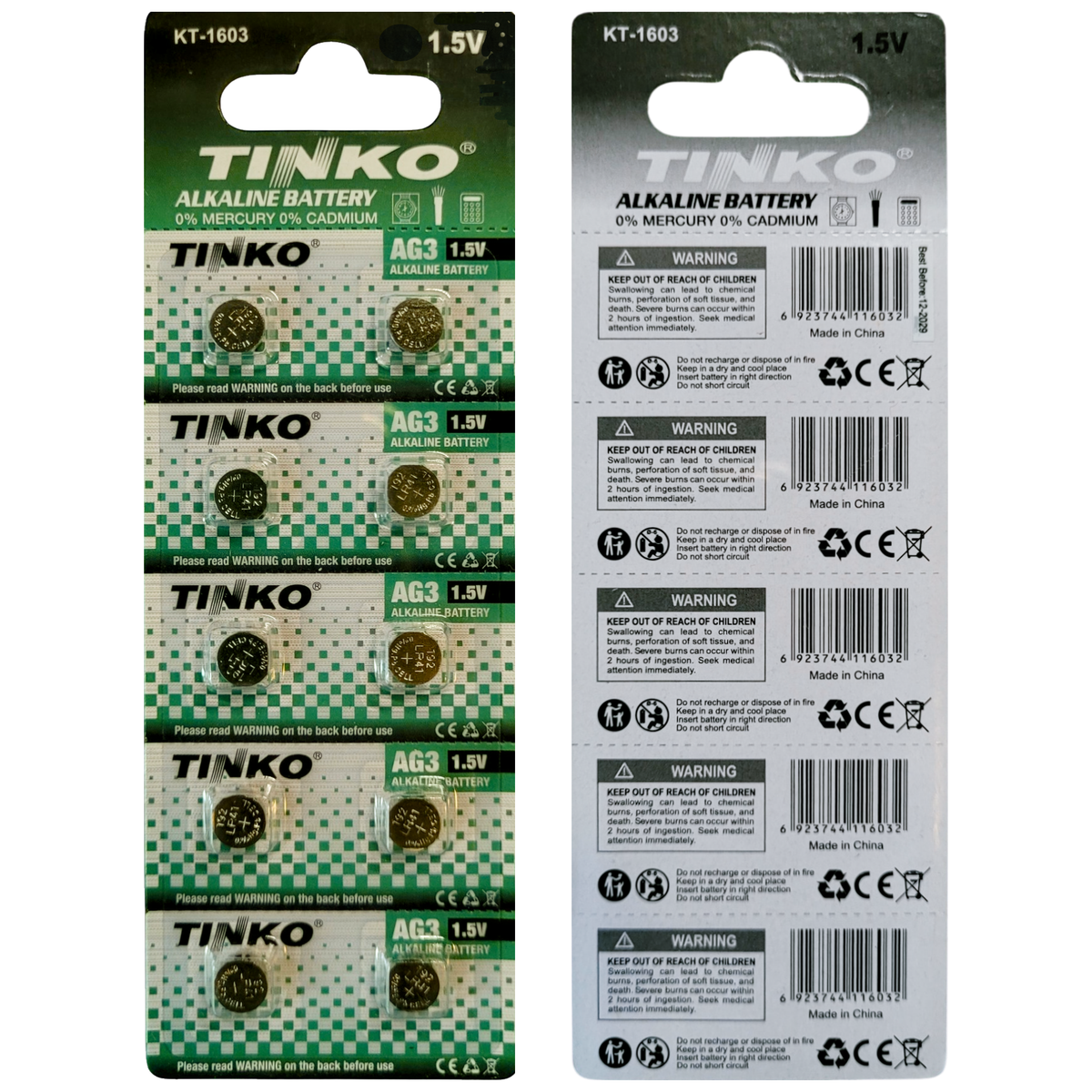 TINKO AG3 Alkaline-Knopfzellen – Originalblister, Vorder- und Rückseite