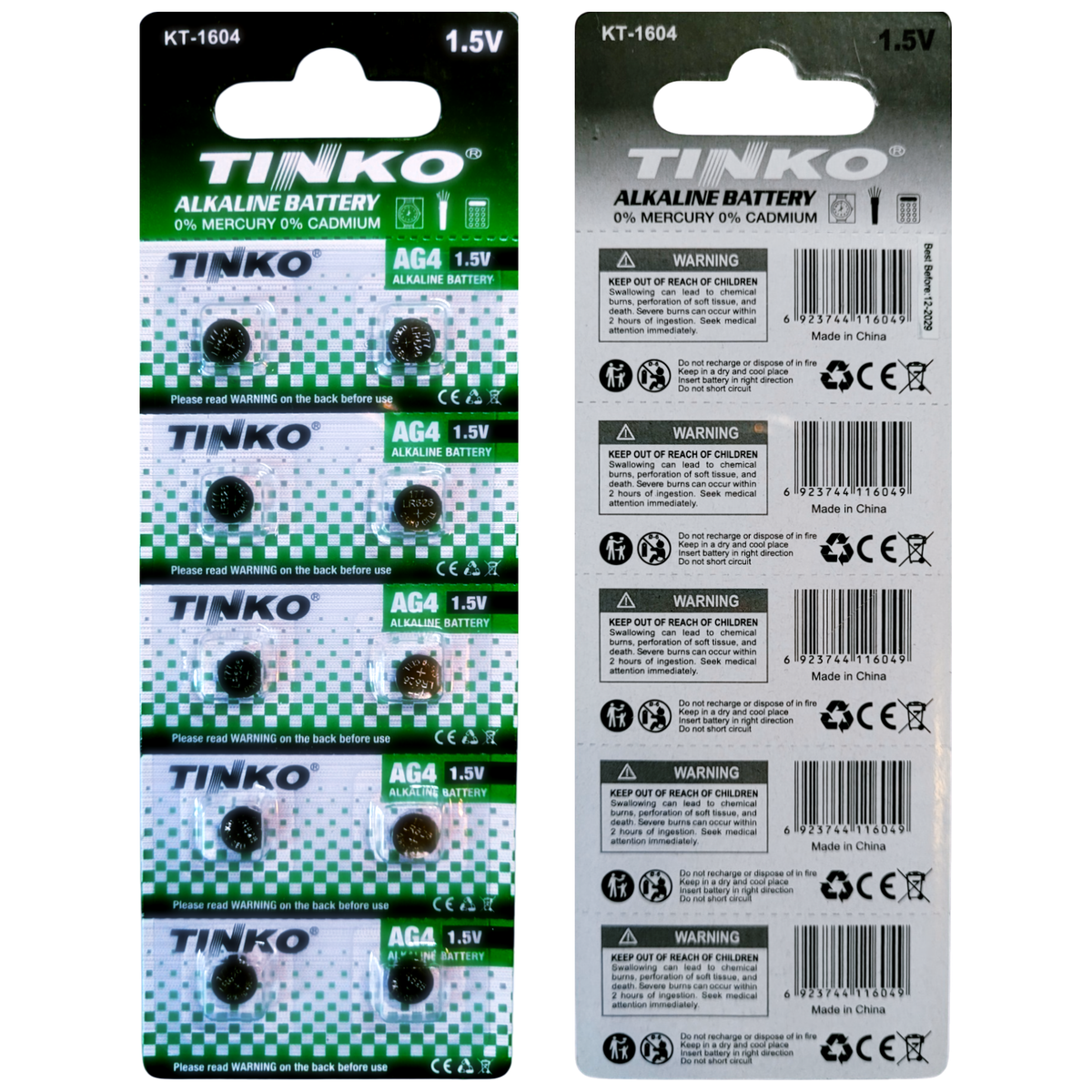 TINKO AG4 Alkaline-Knopfzellen – Originalblister, Vorder- und Rückseite
