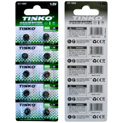 TINKO AG5 Alkaline-Knopfzellen – Originalblister, Vorder- und Rückseite