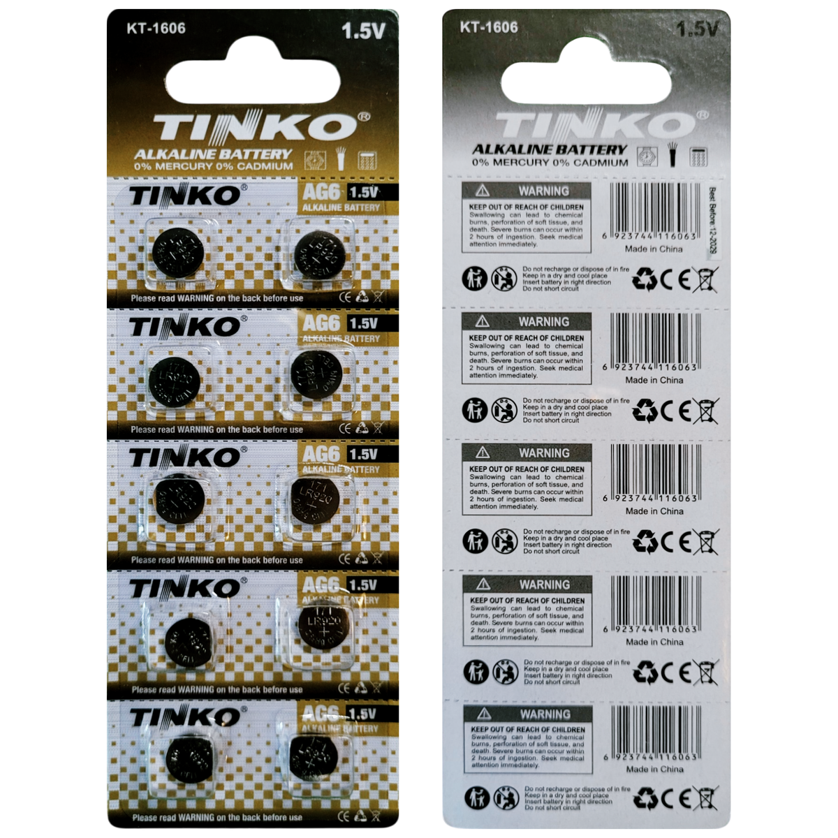 TINKO AG6 Alkaline-Knopfzellen – Originalblister, Vorder- und Rückseite