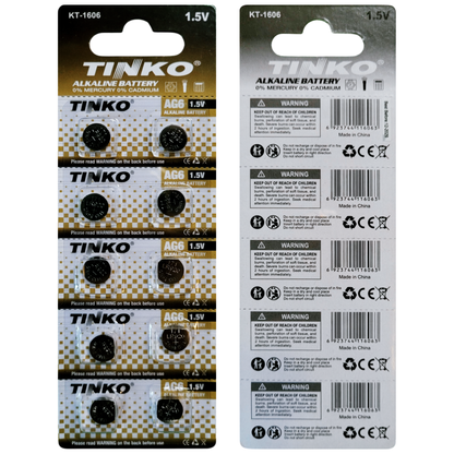 TINKO AG6 Alkaline-Knopfzellen – Originalblister, Vorder- und Rückseite