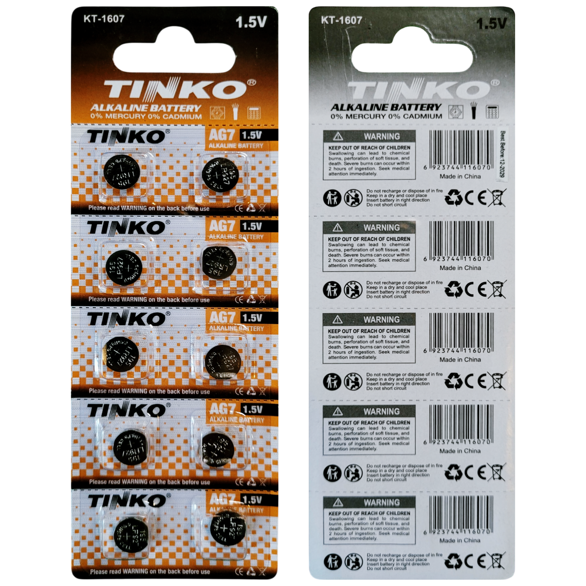 TINKO AG7 Alkaline-Knopfzellen – Originalblister, Vorder- und Rückseite