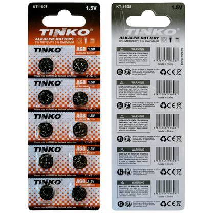 TINKO AG8 Alkaline-Knopfzellen – Originalblister, Vorder- und Rückseite