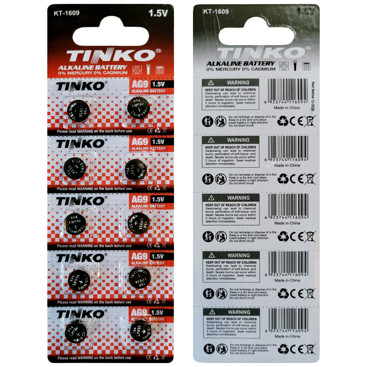 TINKO AG9 Alkaline-Knopfzellen – Originalblister, Vorder- und Rückseite