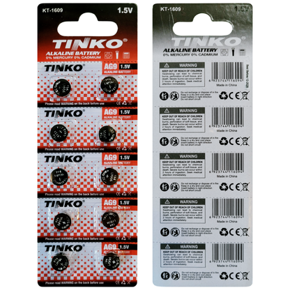 TINKO AG9 Alkaline-Knopfzellen – Originalblister, Vorder- und Rückseite