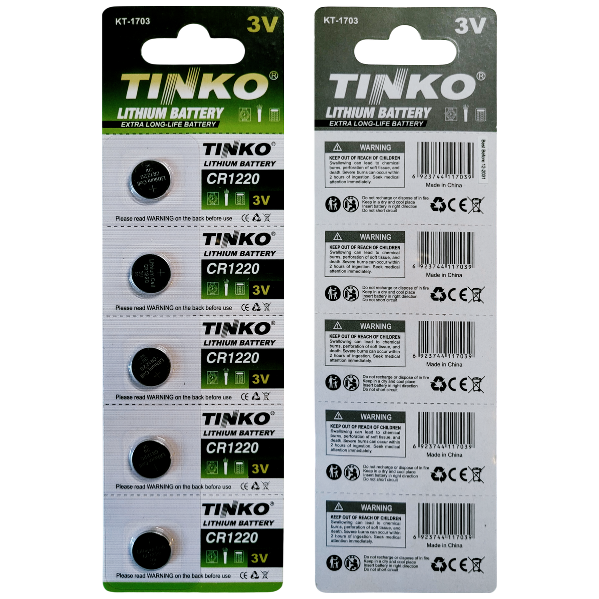 TINKO CR1220 Lithium-Knopfzellen – Originalblisterstreifen, Vorder- und Rückseite