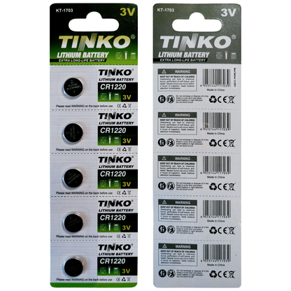 TINKO CR1220 Lithium-Knopfzellen – Originalblisterstreifen, Vorder- und Rückseite