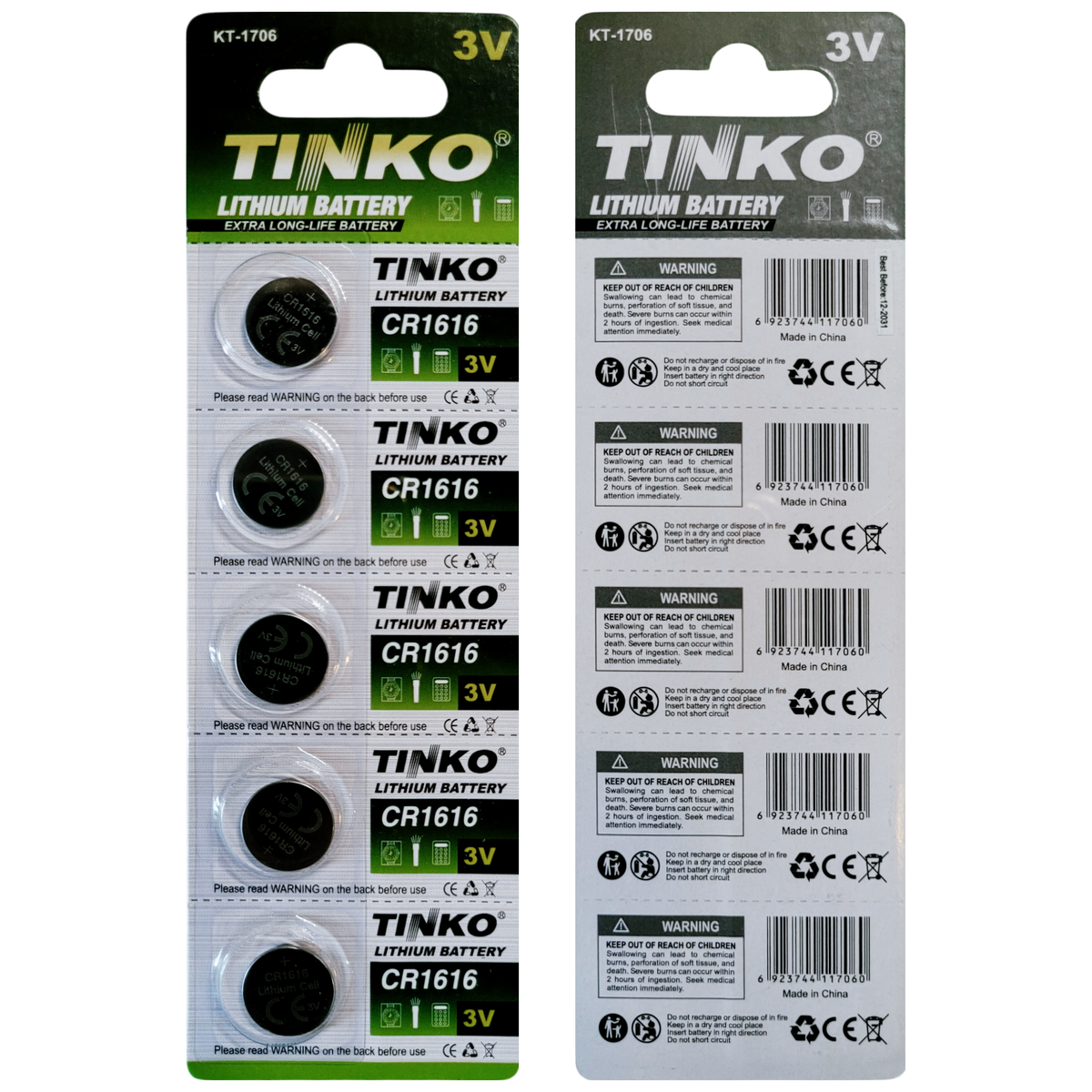 TINKO CR1616 Lithium-Knopfzellen – Originalblisterstreifen, Vorder- und Rückseite