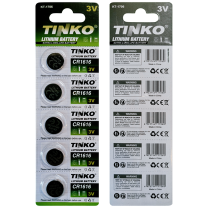 TINKO CR1616 Lithium-Knopfzellen – Originalblisterstreifen, Vorder- und Rückseite