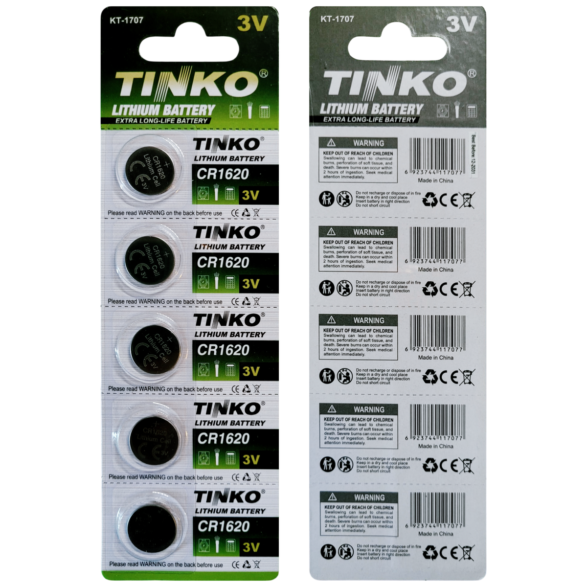 TINKO CR1620 Lithium-Knopfzellen – Originalblisterstreifen, Vorder- und Rückseite