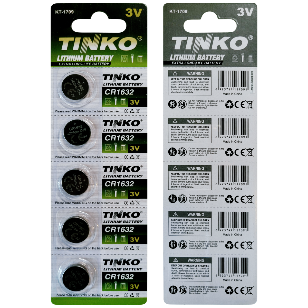 TINKO CR1632 Lithium-Knopfzellen – Originalblisterstreifen, Vorder- und Rückseite