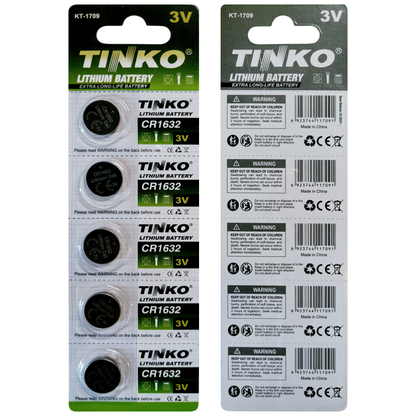 TINKO CR1632 Lithium-Knopfzellen – Originalblisterstreifen, Vorder- und Rückseite
