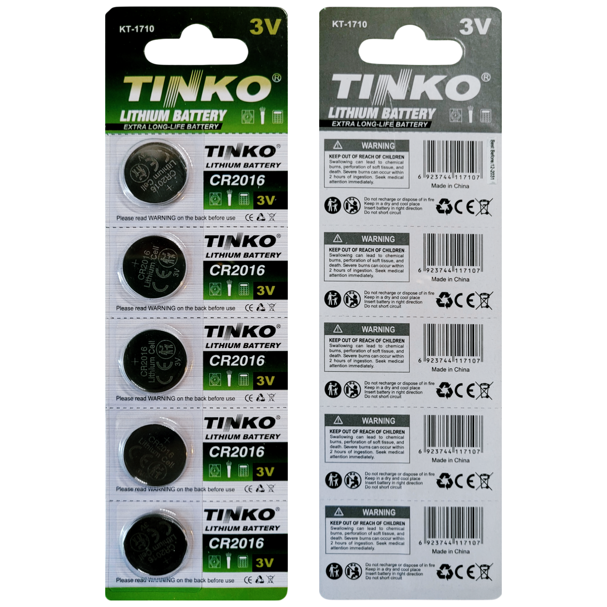 TINKO CR2016 Lithium-Knopfzellen – Originalblisterstreifen, Vorder- und Rückseite
