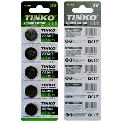 TINKO CR2016 Lithium-Knopfzellen – Originalblisterstreifen, Vorder- und Rückseite
