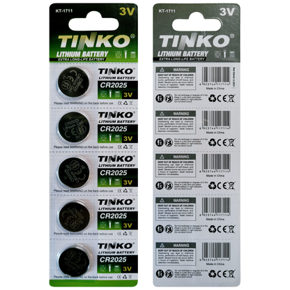 TINKO CR2025 Lithium-Knopfzellen – Originalblisterstreifen, Vorder- und Rückseite