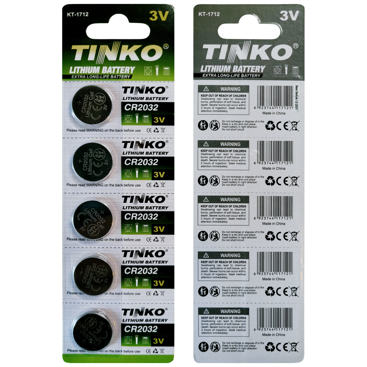 TINKO CR2032 Lithium-Knopfzellen – Originalblisterstreifen, Vorder- und Rückseite