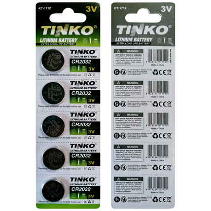 TINKO CR2032 Lithium-Knopfzellen – Originalblisterstreifen, Vorder- und Rückseite