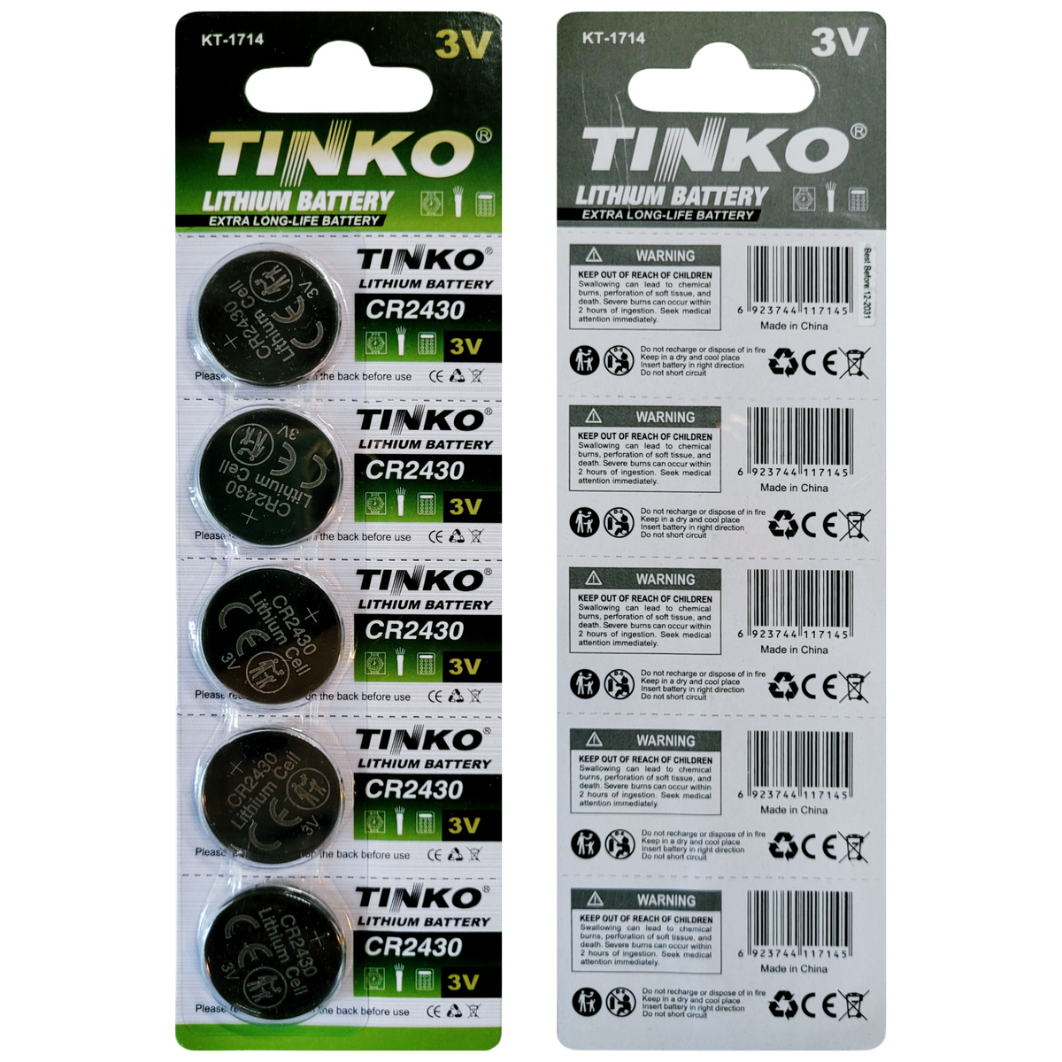 TINKO CR2430 Lithium-Knopfzellen – Originalblisterstreifen, Vorder- und Rückseite